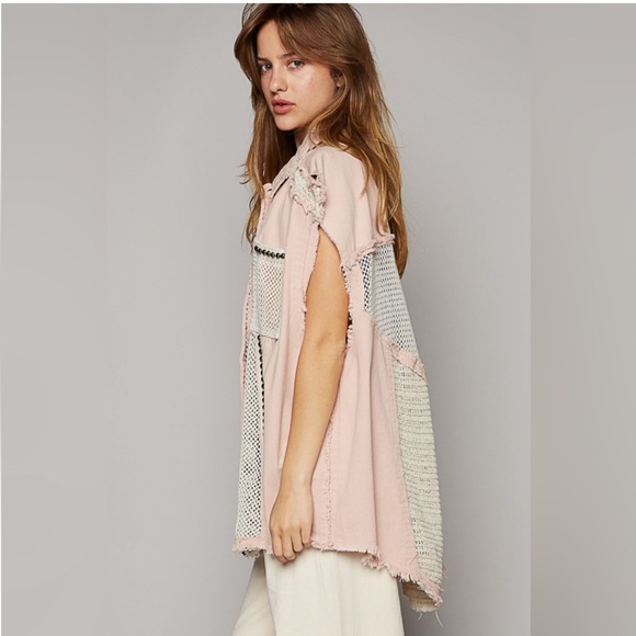 P22. NEW POL Boho Pink Sleeveless Vest Jacket Oversized  Stud Detail NEW Item - Picture 4 of 6